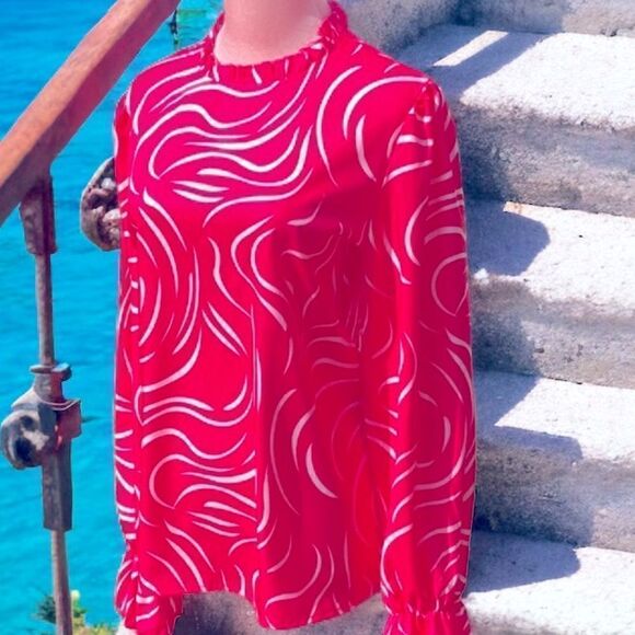 SHEIN NEW HOT PINK LUNE ALLOVER PRINT FLOUNCE SLEEVE FULL NECK BLOUSE TOP LARGE - Picture 5 of 6